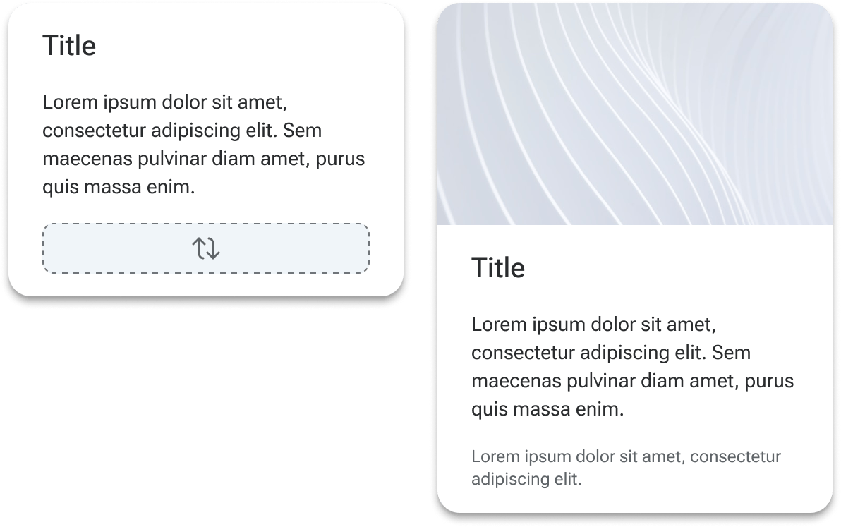 Two cards compare how a card's height accommodates multiple content elements. The container of the left card hugs content that includes a title and sample body text. The container of the right card hugs content that includes a media image, title, subtitle, body text, and footer text.