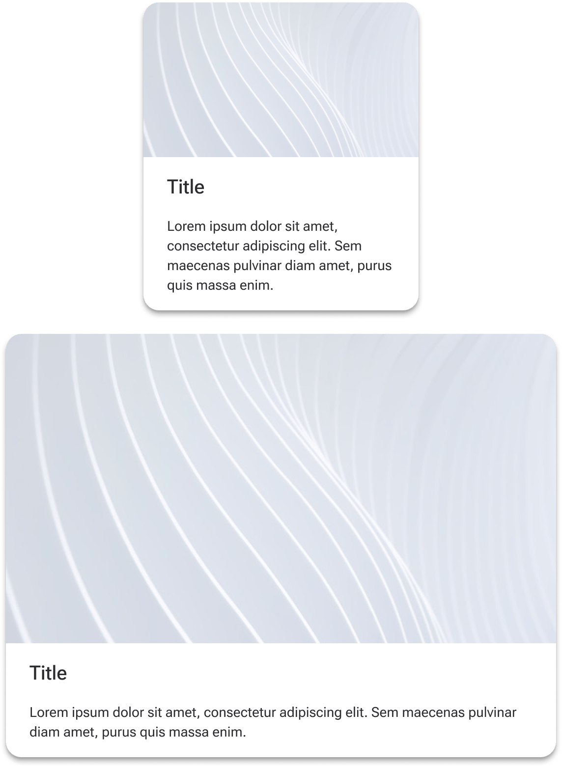 Two cards compare the scale of a sample media image. The bottom card is approximately twice as wide as the top card with its image scaling proportionally to fill the media slot of the card.