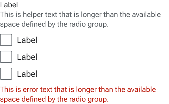 The helper and error text of the checkbox group each wrap to a second line when they meet the edge of an implied container around the group.