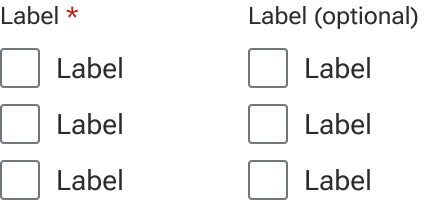 Two checkbox groups are compared side-by-side. The left group includes an indicator styled as a red asterisk to the right of the group label. The right group includes an indicator with the word optional in parentheses to the right of the group label.