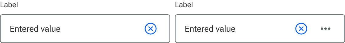 Two inputs are compared side-by-side. The left input includes a label above a field that includes a sample value and a right-aligned icon that displays an X contained within a circle. The right input includes the same example with a second icon immediately to the right of the circled X.