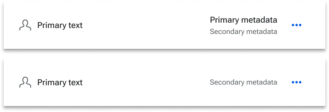 Two separate list items are compared top-to-bottom. The top list item includes content of varying heights and lines. The bottom item includes content of varying heights but only single line text. Both sets of content are vertically centered within their respective list item containers.