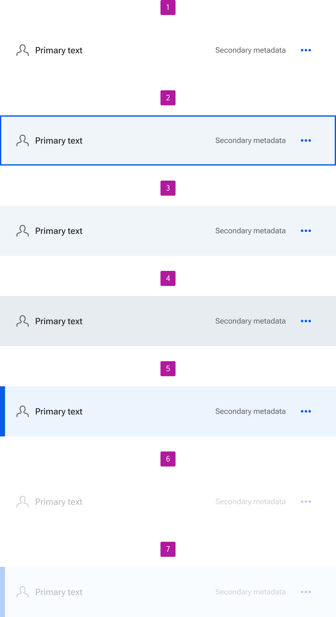 List items can include enabled, focus, hover, active, selected, disabled, and selected disabled states.