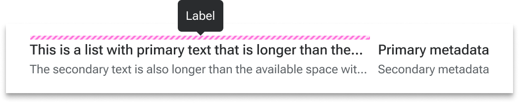 A tooltip with placeholder text is positioned immediately above and horizontally centered with overflowed primary text. Blue dashed lines annotate the space between the tooltip arrow and text.