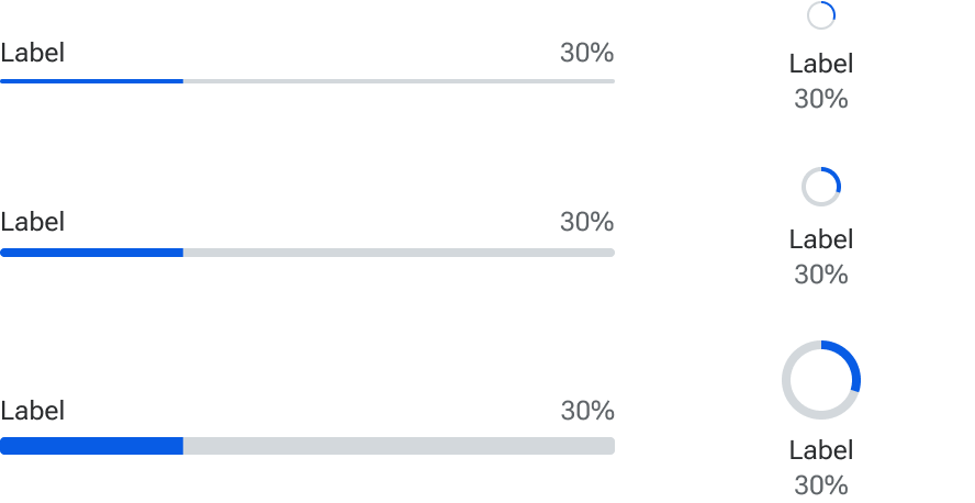 Three sets of progress indicators compare sizes from top-to-bottom: small, medium, and large.