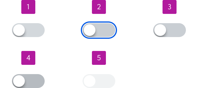 The unselected switch includes enabled, focus, hover, active, disabled, and pending states.