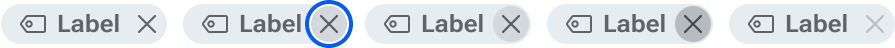 A series of tags with the dismiss button in its various states