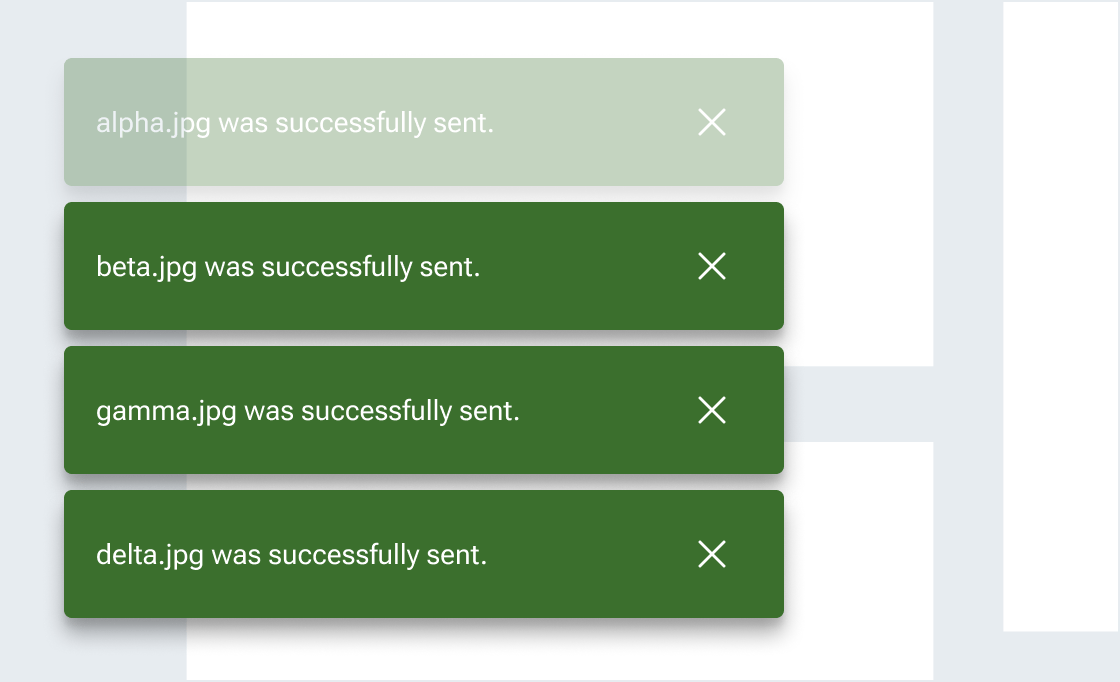 A series of four toasts are vertically stacked in the bottom-left corner of a mock dashboard view. The oldest toast at the top of the stack is starting to fade out as it is automatically dismissed.