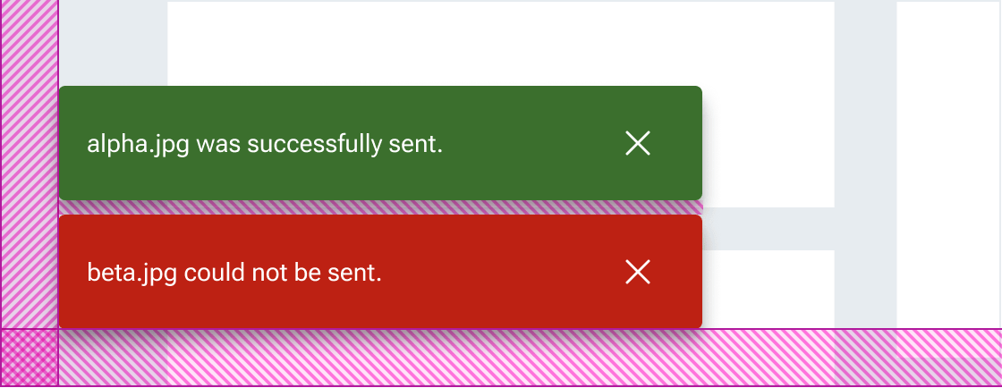 Two toasts are stacked and shown placed in the bottom-left corner of a mock dashboard view.