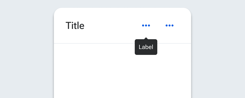 A sample card is positioned near the top of a container's edge. The card includes a tooltip placed below an icon-only button.