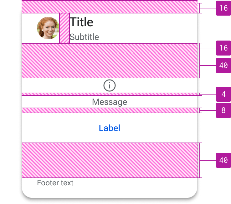 An example of spacing within a card: vertical spacings based on multiples of four are highlighted between content.