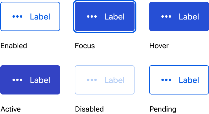 The secondary button appearance includes enabled, focus, hover, active, disabled, and pending states.