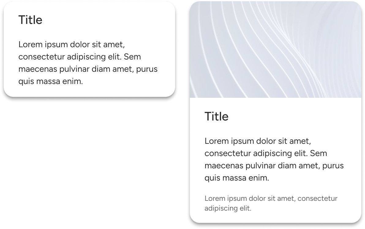 Two cards compare how a card's height accommodates multiple content elements. The container of the left card hugs content that includes a title and sample body text. The container of the right card hugs content that includes a media image, title, subtitle, body text, and footer text.