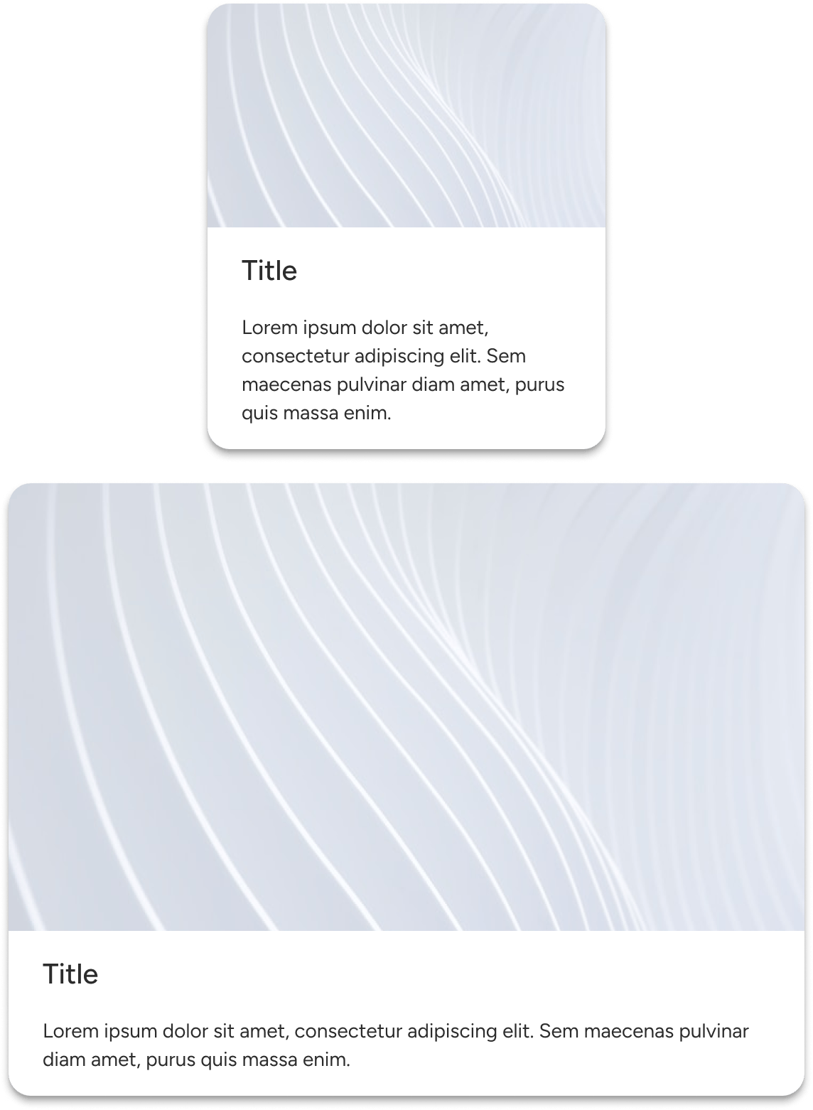 Two cards compare the scale of a sample media image. The bottom card is approximately twice as wide as the top card with its image scaling proportionally to fill the media slot of the card.