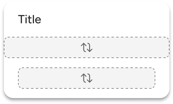 A card with a title and representations of the default and footer slots includes a medium amount of spacing to the left and right of the title and footer slot while the default slot fills the entire width of the card container.