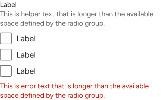 The helper and error text of the checkbox group each wrap to a second line when they meet the edge of an implied container around the group.