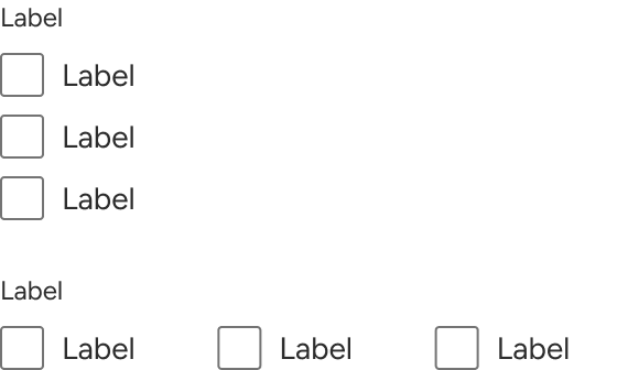 Two checkbox groups compare different ways of orienting the checkboxes. The top example vertically stacks three checkboxes with labels. The bottom example includes the three checkboxes horizontally oriented under the group label.