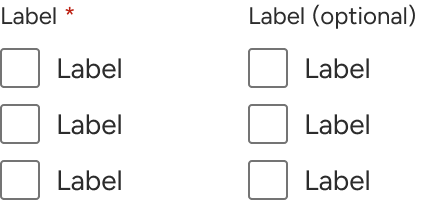 Two checkbox groups are compared side-by-side. The left group includes an indicator styled as a red asterisk to the right of the group label. The right group includes an indicator with the word optional in parentheses to the right of the group label.