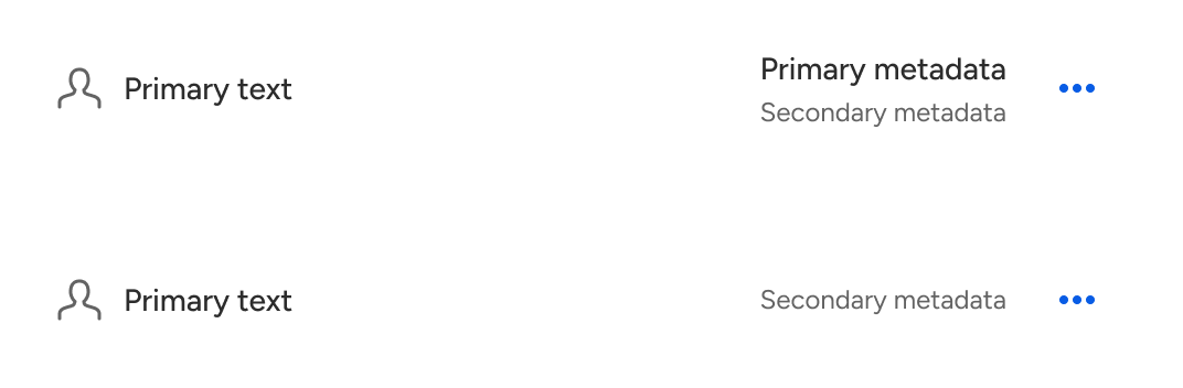 Two separate list items are compared top-to-bottom. The top list item includes content of varying heights and lines. The bottom item includes content of varying heights but only single line text. Both sets of content are vertically centered within their respective list item containers.
