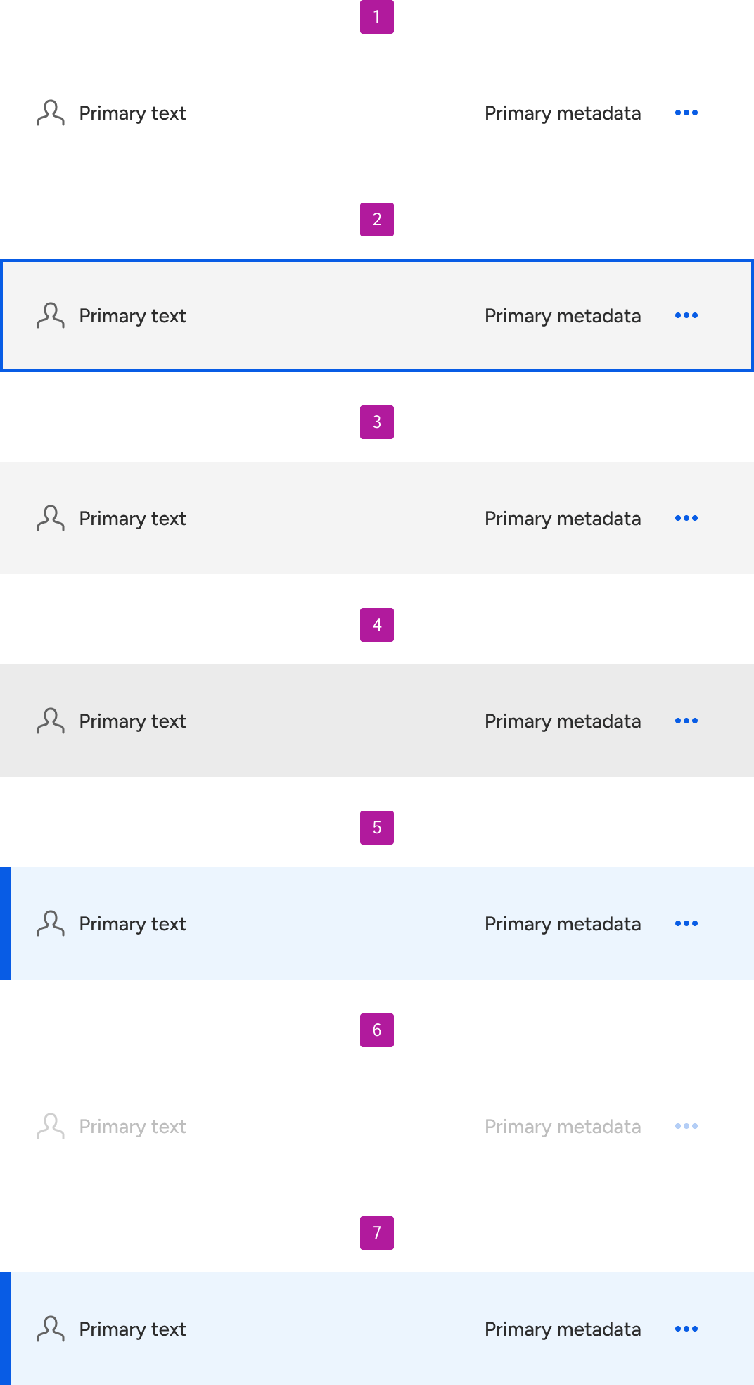 List items can include enabled, focus, hover, active, selected, disabled, and selected disabled states.