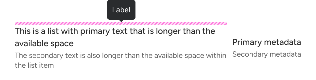 A tooltip with placeholder text is positioned immediately above and horizontally centered with overflowed primary text. Blue dashed lines annotate the space between the tooltip arrow and text.