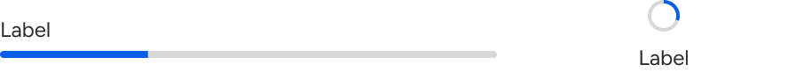 A linear progress indicator and a circular indicator are compared side-by-side. The linear indicator includes sample label text left-aligned just above the bar. The circular indicator includes sample label text horizontally-centered with and just below the circle.