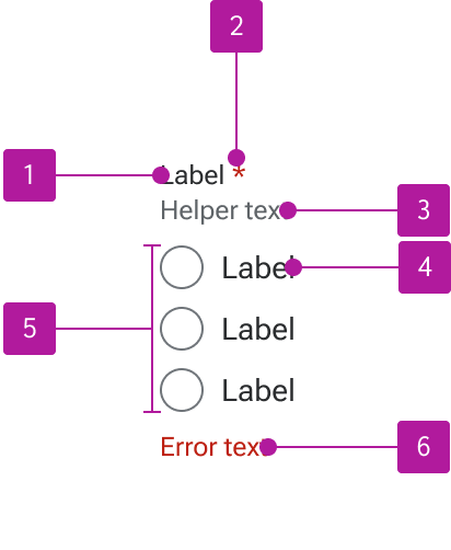Anatomy diagram numbering six elements of a radio group.