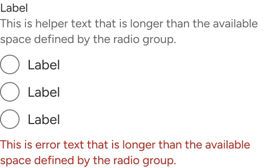 The helper and error text of the radio group each wrap to a second line when they meet the edge of an implied container around the group.
