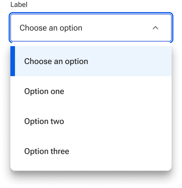A select is open displaying a menu with sample list items anchored to the bottom edge of the input field.