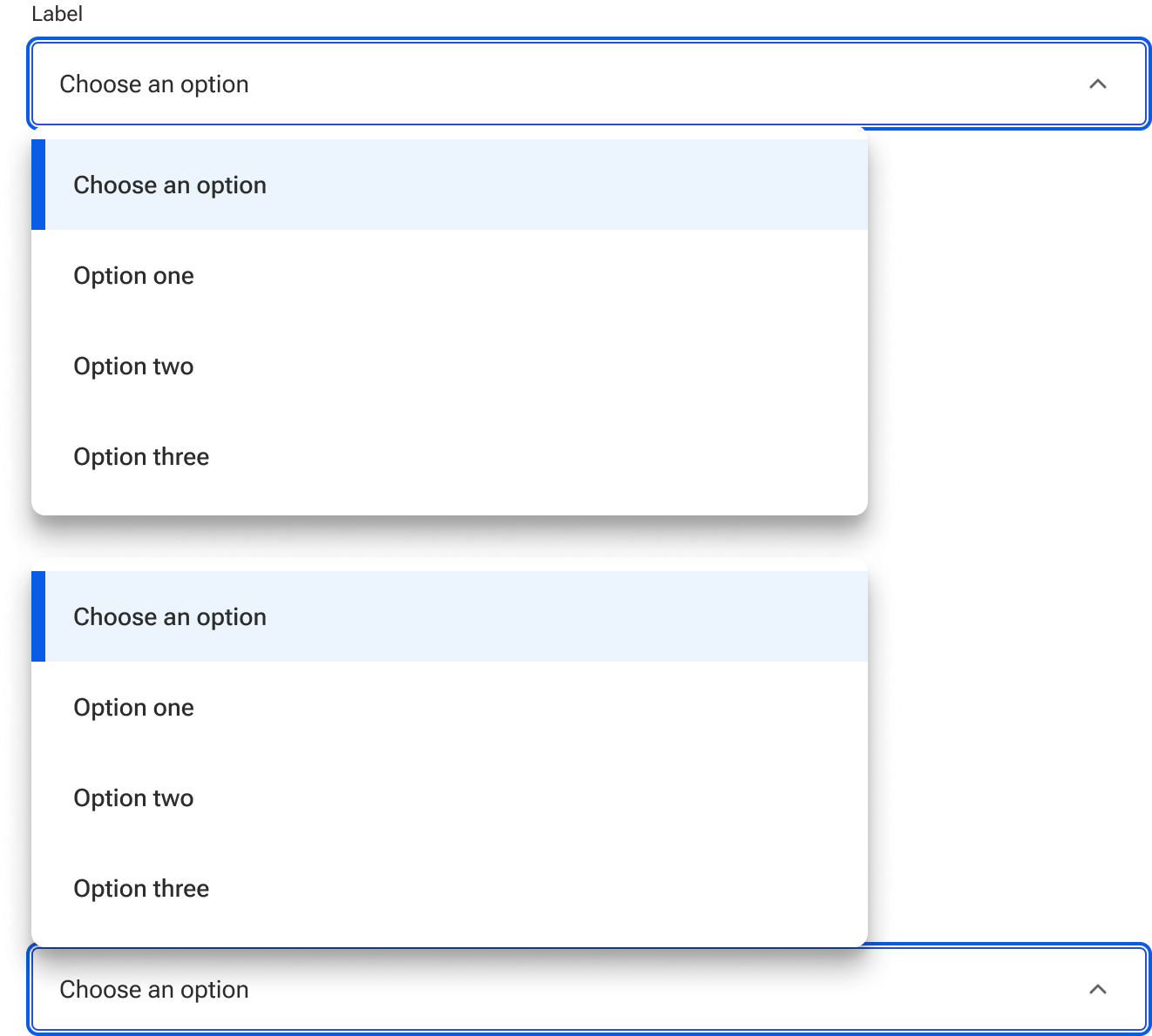 Two selects are displayed. The first select is open with the menu anchored to the bottom edge of the input field. The second select is open with the menu anchored to the top edge of the input field. In both selects, the menu is about two-thirds the width of the input field.