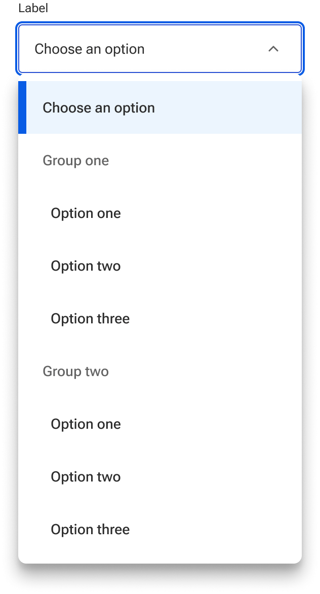 A select is open displaying a menu with a default list item and two list groups. Each group has a sample header followed by three sample list items. The default list item is selected.