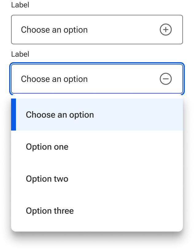Two selects are stacked. The top select is closed and has a plus within a circle as the right icon. The bottom select is open and has a minus within a circle as the right icon.