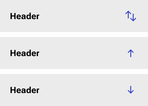 Three separate header cells are displayed representing each of the three sort options. Each cell is shown in its active state with a medium gray background.