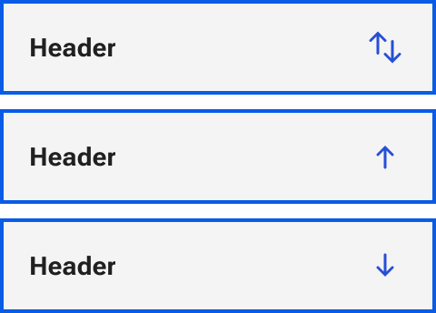 Three separate header cells are displayed representing each of the three sort options. Each cell is shown in its focus state with a light gray background and blue outline.