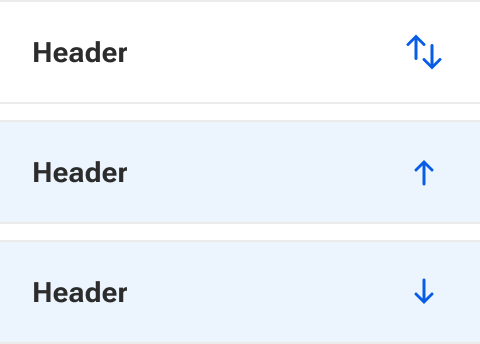 Three separate header cells are displayed representing each of the three sort options. Each cell is shown in its selected state. The top unsorted cell is shown with a white background. The middle ascending and bottom descending cells are shown with a light blue background.