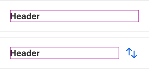 Two separate header cells are displayed. The top cell includes only text. The bottom cell includes text along with a sort icon. A rectangle marks the slot boundaries within each cell. The boundary of the top cell slot is the full width of the cell. The boundary of the bottom cell slot extends from the left edge of the cell up to the sort icon.