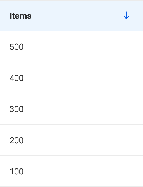 A column includes a table header cell and five table data cells. The header cell includes an icon with a down arrow. The body cells include numbers 100 through 500 in multiples of one hundred arranged in decreasing order with 500 at the top and 100 at the bottom.