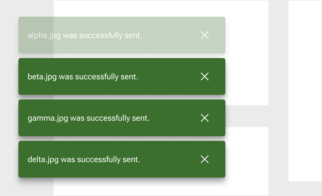 A series of four toasts are vertically stacked in the bottom-left corner of a mock dashboard view. The oldest toast at the top of the stack is starting to fade out as it is automatically dismissed.