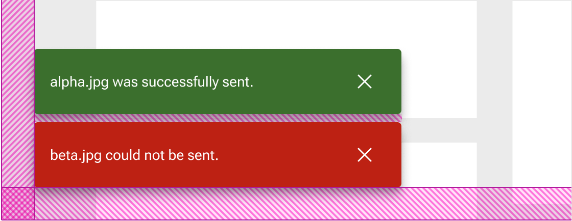 Two toasts are stacked and shown placed in the bottom-left corner of a mock dashboard view.
