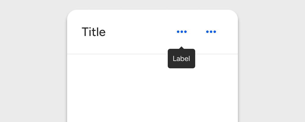 A sample card is positioned near the top of a container's edge. The card includes a tooltip placed below an icon-only button.
