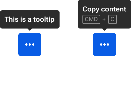 Two tooltip examples are displayed side-by-side. The first tooltip includes the default bolded text within the content slot area. The second tooltip includes a bolded text label and stylized shortcut keys immediately below the label. The shortcut keys are set in smaller, more subtle text.