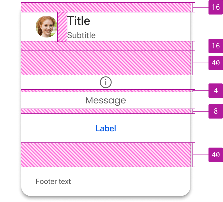 An example of spacing within a card: vertical spacings based on multiples of four are highlighted between content.